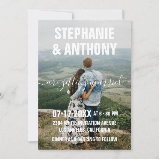 Invitation Pays blanc script typographie photo mariage (Devant)