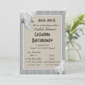 Invitation Pays Bleu Chèques Roses Blanches Fête des mariées (Debout devant)