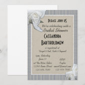 Invitation Pays Bleu Chèques Roses Blanches Fête des mariées (Devant / Derrière)