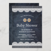 Invitation Pays Bleu Denim Blanc Baby shower dentelle (Devant / Derrière)