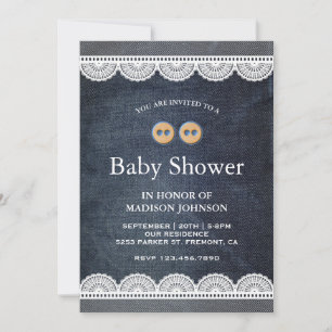 Invitation Pays Bleu Denim Blanc Baby shower dentelle