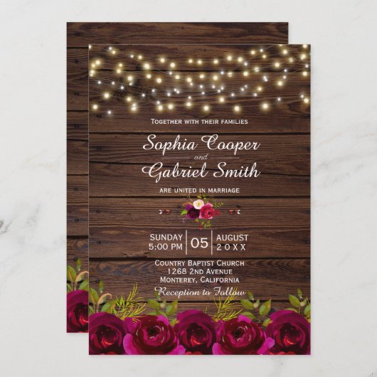 Invitation Pays Bourgogne Floral Chaîne Lumières Mariage en b (Devant / Derrière)