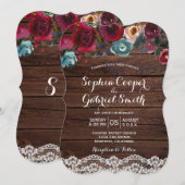 Invitation Pays Bourgogne Marine Dentelle florale | Mariage b (Devant / Derrière)