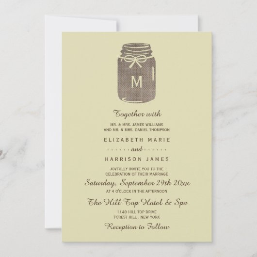 Invitation Pays Burlap Mason Jar Mariage (Devant)