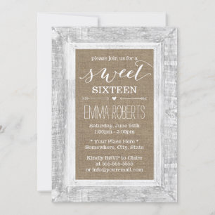 Invitation Pays Cadre rustique en bois Burlap Sweet 16 Annive