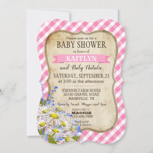 Invitation Pays Daisies Rose En vichy Baby shower chèque (Devant)