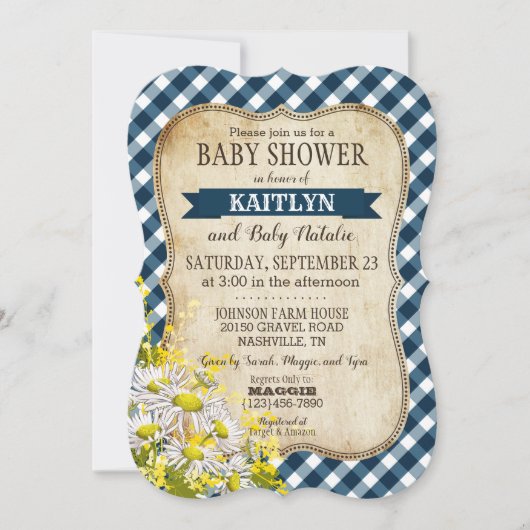 Invitation Pays Daisy Marine Blue En vichy Check Baby shower (Devant)