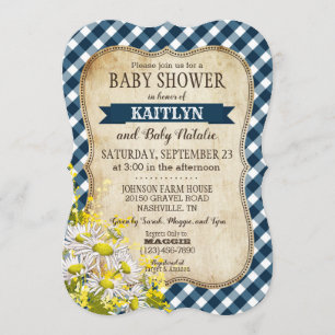 Invitation Pays Daisy Marine Blue En vichy Check Baby shower