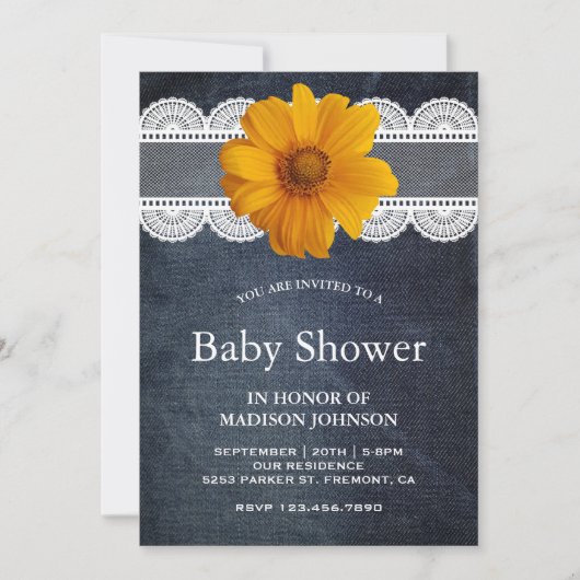 Invitation Pays Denim Lace Baby shower de tournesol (Devant)