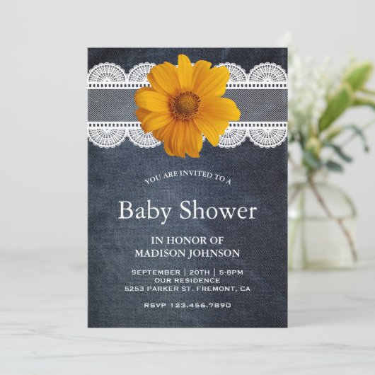 Invitation Pays Denim Lace Baby shower de tournesol (Debout devant)