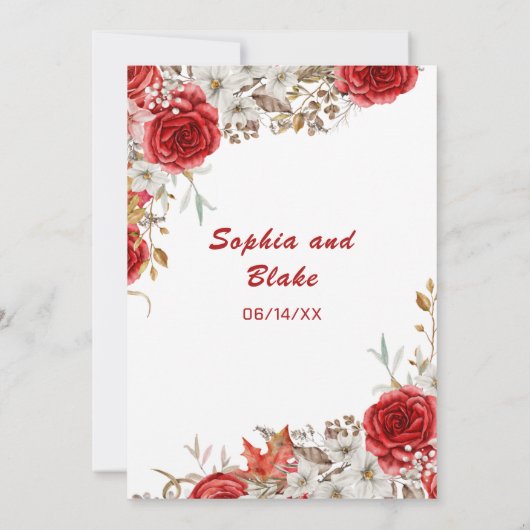 Invitation Pays élégant Roses rouges Chute Mariage blanc (Dos)