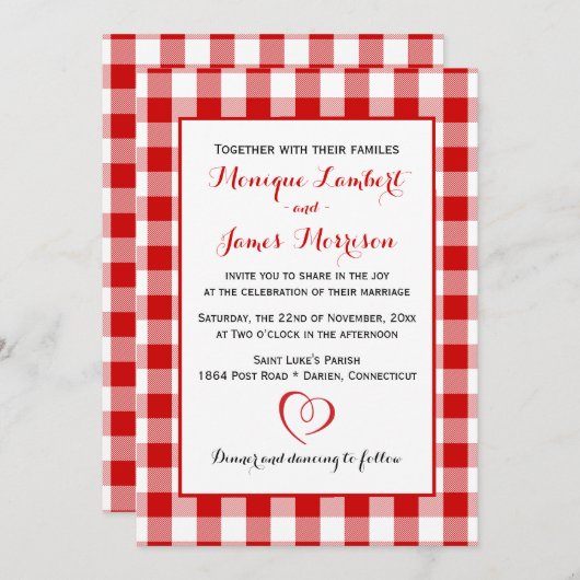 Invitation Pays En vichy Rouge et blanc Chèques Mariage Plaid (Devant / Derrière)