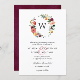 Invitation Pays Fleur Autum Floral Wreath Monogramme Mariage