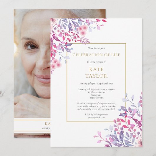 Invitation Pays Floral Photo Funérailles Célébration de la vi (Devant / Derrière)