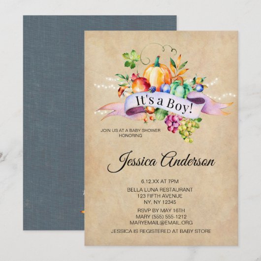 Invitation Pays Lumières d'automne Baby shower garçon (Devant / Derrière)