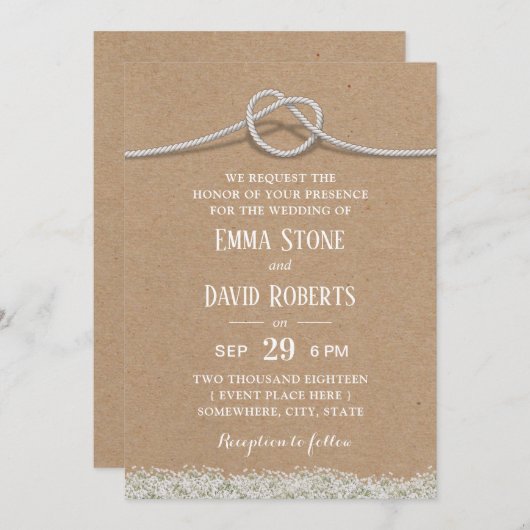 Invitation Pays Mariage rustique Floral Tying Knot Kraft (Devant / Derrière)