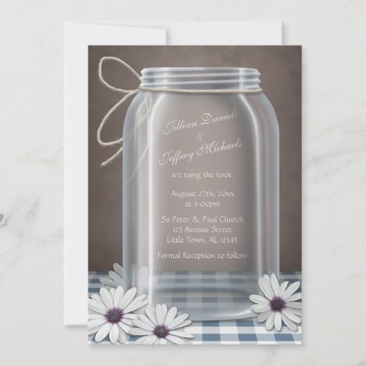 Invitation Pays Mason Jar Daisy Blue Mariage Brown (Devant)