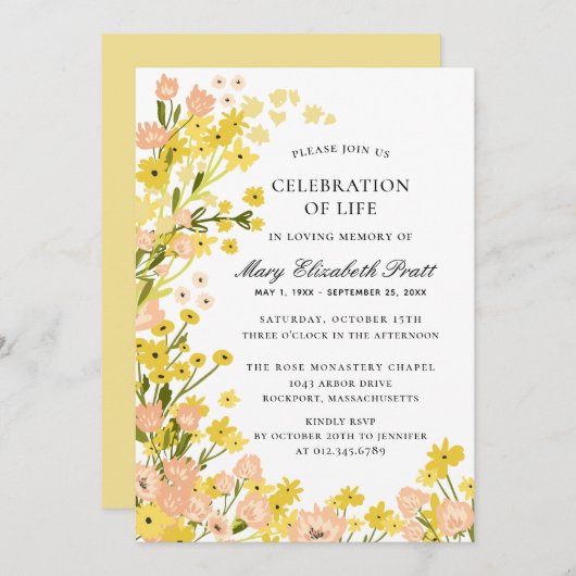 Invitation Pays moderne Jaune Rose Foral Funérailles (Devant / Derrière)