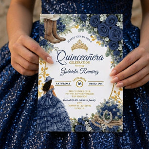 Invitation Pays occidental Roses bleues marine Or Quinceañera