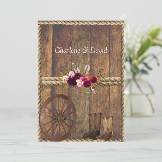 Invitation Pays Ouest Mariage Rouge Roses Plumes corde (Debout devant)