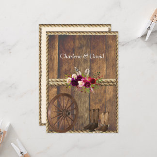 Invitation Pays Ouest Mariage Rouge Roses Plumes corde
