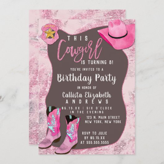 Invitation Pays Parties scintillant rose fille fille enfant a (Devant / Derrière)