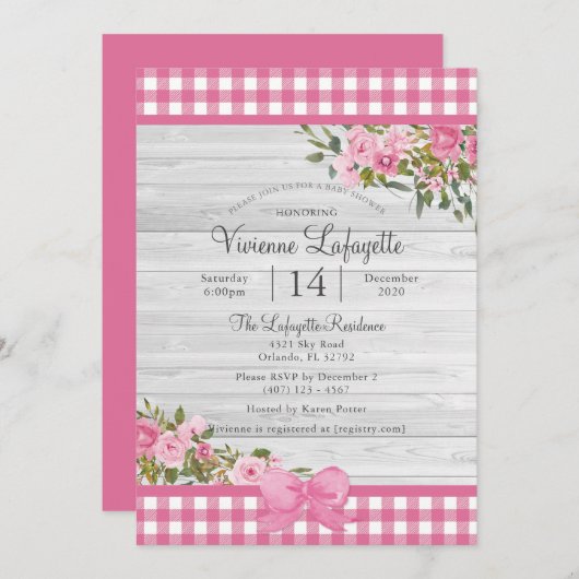 Invitation Pays rose En vichy Baby shower Floral (Devant / Derrière)
