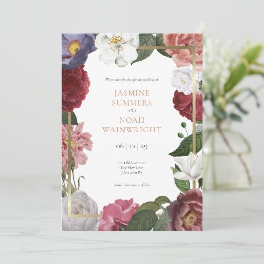 Invitation Pays Rose Floral Faux Gold Foil Enregistrer la dat (Debout devant)