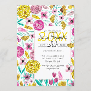 Invitation Pays Rose Jaune Aquarelle Florale Graduation