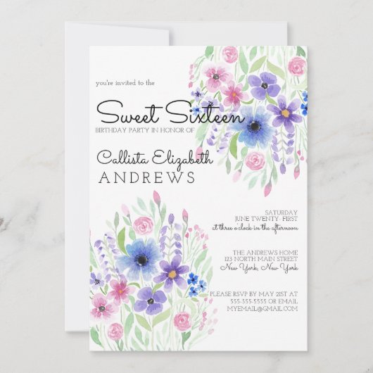 Invitation Pays Rose violet d'aquarelle florale douce 16 (Devant)