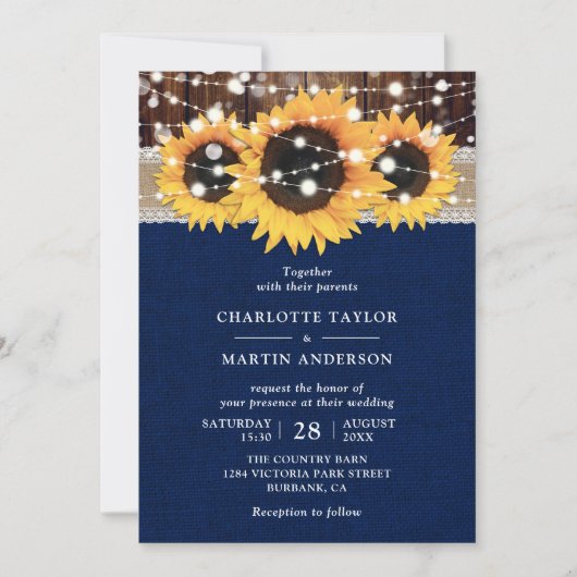 Invitation Pays Russe Tournesol Mariage bleu marine (Devant)