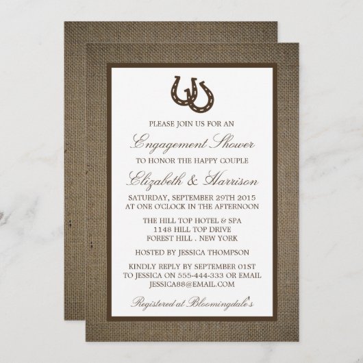 Invitation Pays Rustic Horseshoe Brown Burlap Fiançailles (Devant / Derrière)