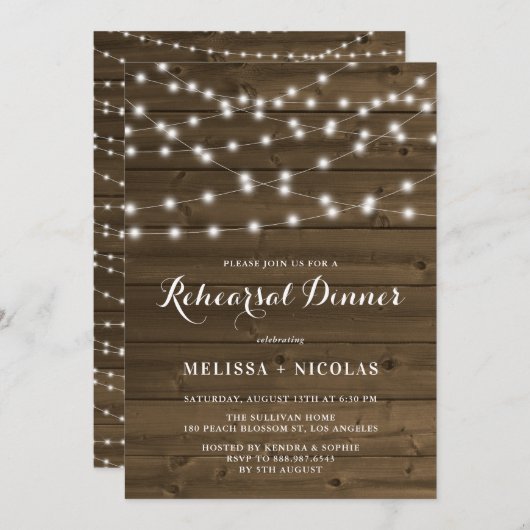 Invitation Pays Rustic String Lights Dîner de répétition (Devant / Derrière)
