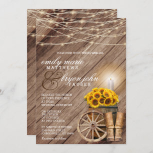 Invitation Pays rustique avec tonneau de bois et tournesols