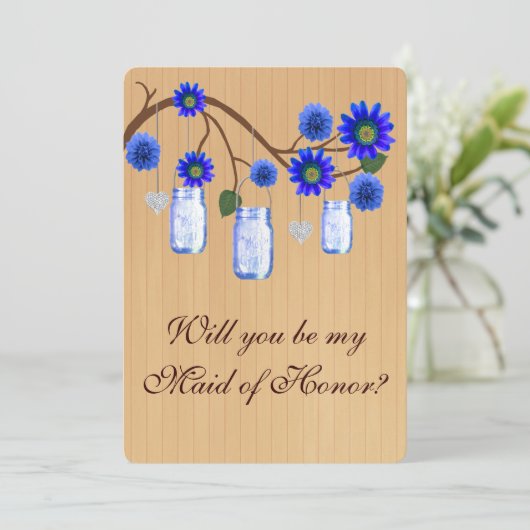 Invitation Pays Rustique Bleu Mason Jarres Maid Of Honor Card (Debout devant)
