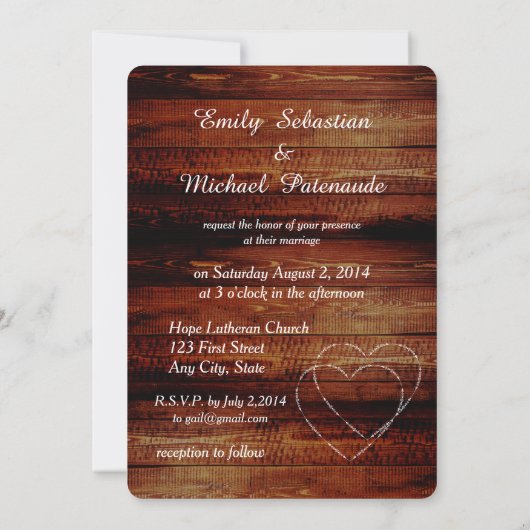 Invitation Pays Rustique Classique Bois Coeurs Mariage Invita (Dos)