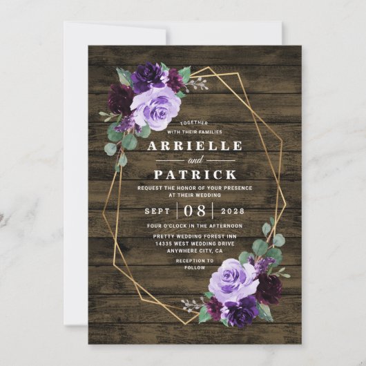 Invitation Pays Rustique Floral violet et Mariage or (Devant)