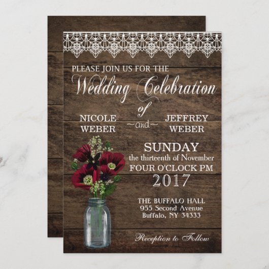 Invitation Pays rustique Maroon Mason Mariage campagnard Jar (Devant / Derrière)