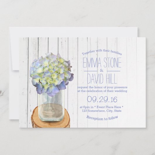 Invitation Pays Rustique Mason Jar & Hydrangea Mariage (Devant)