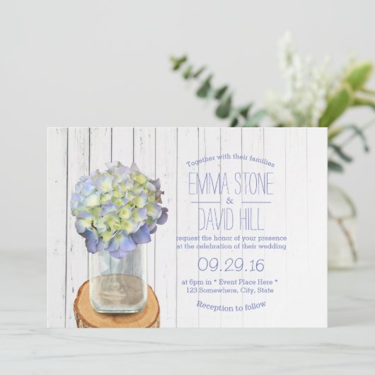 Invitation Pays Rustique Mason Jar & Hydrangea Mariage (Debout devant)
