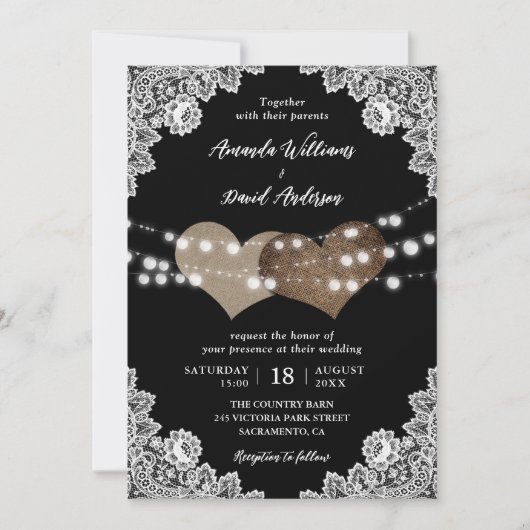 Invitation Pays rustique Noir Mariage romantique (Devant)