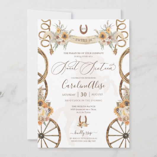 Invitation Pays rustique Ouest Sunflower Boho Sweet 16 (Devant)