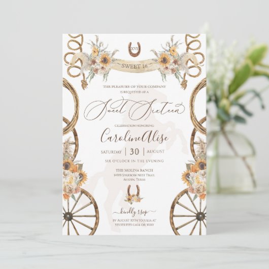Invitation Pays rustique Ouest Sunflower Boho Sweet 16 (Debout devant)