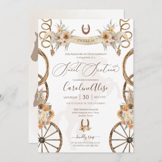 Invitation Pays rustique Ouest Sunflower Boho Sweet 16 (Devant / Derrière)