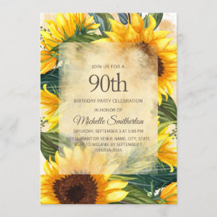 Invitation Pays rustique Tournesols jaunes 90e anniversaire