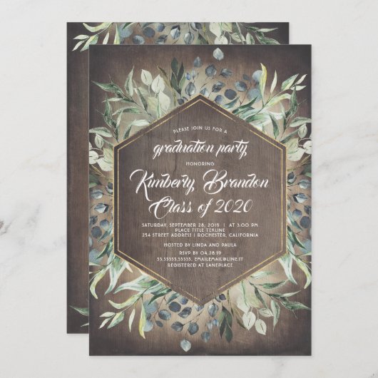 Invitation Pays rustique | Verdure Gold Frame Graduation (Devant / Derrière)