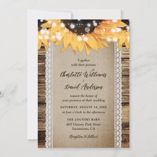 Invitation Pays Sunflower Wood String Mariage (Devant)