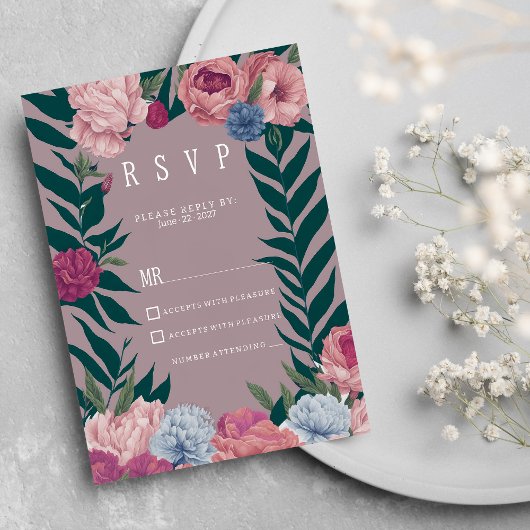 Invitation Pays vert foncé mauve rose floral RSVP