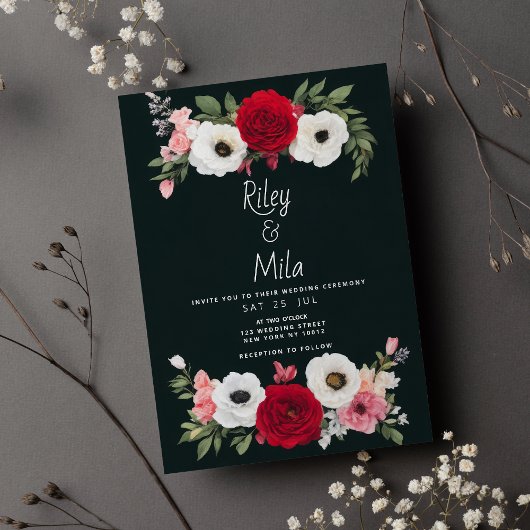 Invitation Pays vert rouge blanc roses Mariage floral