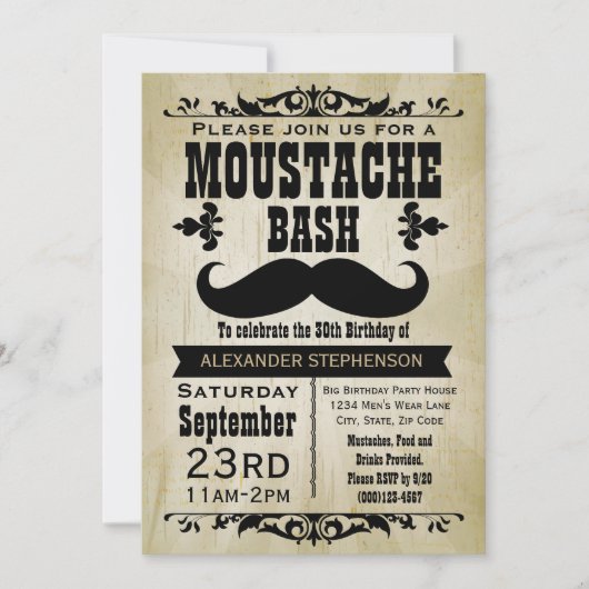 Invitation Pays Vintage Mustache Bash fête d'anniversaire (Devant)
